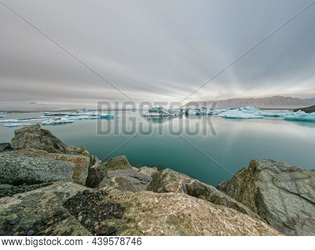Ice Lagoon Long Exposure, Cloudy Day In Jokusarlon