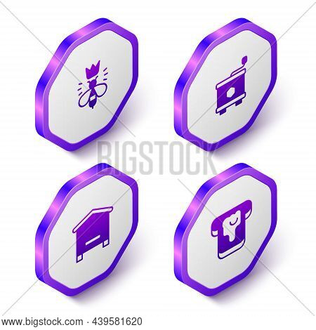 Set Isometric Queen Bee, Honey Extractor, Hive For Bees And Bread With Honey Icon. Purple Hexagon Bu