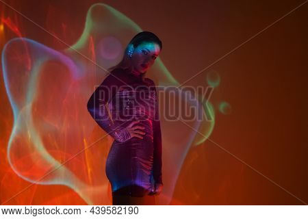 Glamorous Portrait Of A Young Beautiful Blonde In A Stylish Scarlet Short Dress, Stylish Shooting Wi