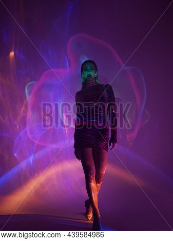 Glamorous Portrait Of A Young Beautiful Blonde In A Stylish Scarlet Short Dress, Stylish Shooting Wi