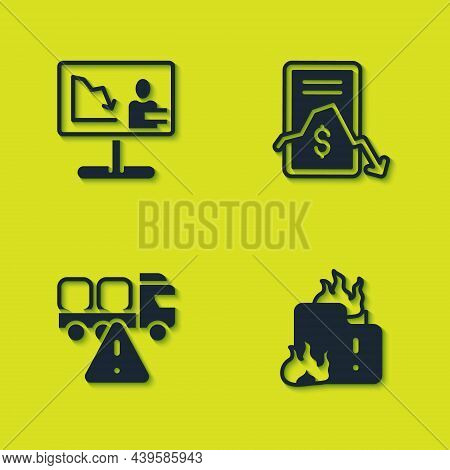 Set Global Economic Crisis News, Fire In Burning House, Stop Delivery Cargo Truck And Mobile Stock T