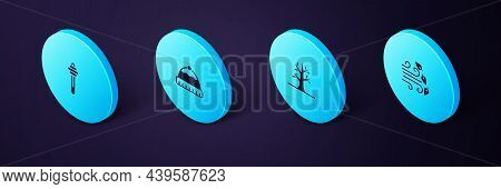 Set Isometric Windy Weather, Bare Tree, Winter Hat And Honey Dipper Stick Icon. Vector