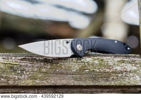 A Folding Knife Lying On A Tree. Folding Pocket Knife. Daylight.