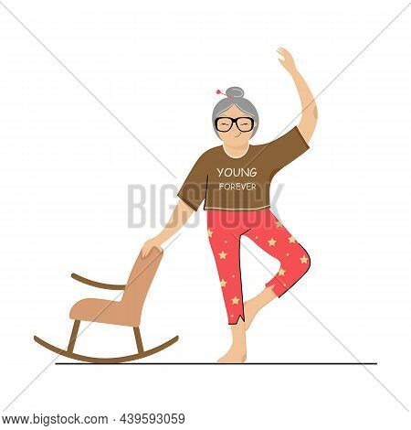 Athletic Asian Granny. Grandmother Is Engaged In Gymnastics Near The Rocking Chair. Funny Granny Cha