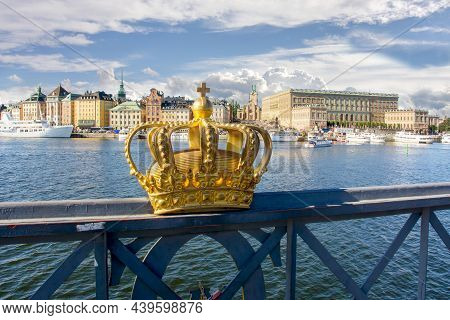 Stockholm Old Town (gamla Stan) Cityscape And Royal Crown, Sweden