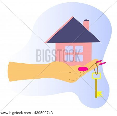 Woman's Hand In Hand Holds House And Key On Her Finger. Concept Of Buying, Selling House, Renting Pr