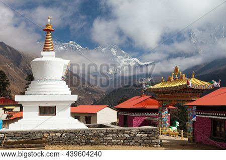 Tengboche Monastery With Stupa And Mount Everest, Lhotse And Ama Dablam, The Best Buddhist Monastery
