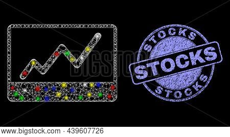 Glossy Polygonal Mesh Net Stocks Chart Icon With Glow Effect On A Black Background, And Stocks Grung