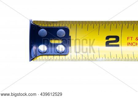 Close Up To A Tape Measure, A Tape Measure Or Measuring Tape Is A Flexible Ruler Used To Measure Siz