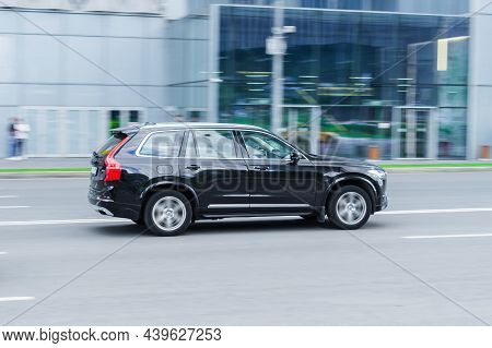 Volvo Xc90 Suv Vehicle On The City Road. Fast Moving Black Car On Moscow Streets. Accelerating With 