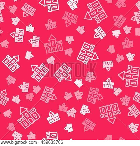 White Line Sand Castle Icon Isolated Seamless Pattern On Red Background. Vector