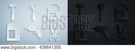 Set Electric Hot Glue Gun, Paint Bucket, Cement Bag, Scissors, Adjustable Wrench And Hammer Icon. Ve