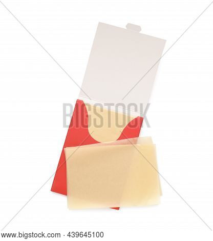 Package With Facial Oil Blotting Tissues On White Background, Top View. Mattifying Wipes