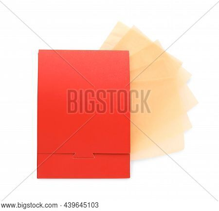 Package With Facial Oil Blotting Tissues On White Background, Top View. Mattifying Wipes