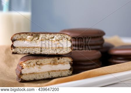 Tasty Choco Pies On Parchment Paper, Closeup View