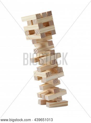 Jenga Tower Made Of Wooden Blocks Falling On White Background
