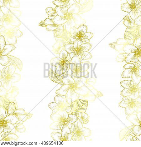 Beautiful Golden Seamless Floral Pattern With Apple Flowers Over White. Nature Botanical Gold Vector