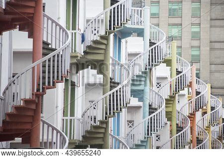 Singapore- 24 Oct, 2021: Close Up Of Colorful Pastel Spiral Staircases In Singapore. It Is A Popular