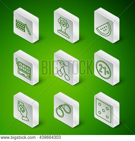 Set Line Game Dice, Handcuffs, Casino Chips, Slot Machine With Cherry, Slot, Poker Trophy Cup, Holdi