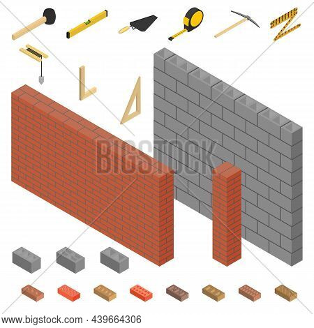 Brick And Cinder Block Wall With Mason Tool. 3d Isometric Style, Vector Illustration.