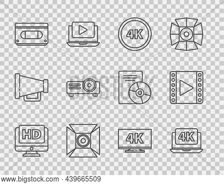 Set Line Monitor With Hd Video, Laptop 4k, Ultra, Movie Spotlight, Vhs Cassette Tape, Movie, Film, M