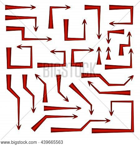 Set Of Red Arrows Pointers With Sharp Straight Angular Turns Isolated On White. Direction Pointer.