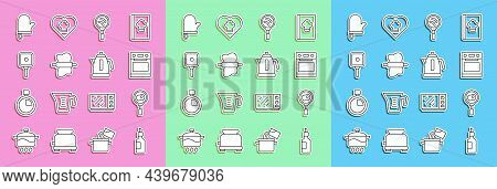 Set Line Bottle Of Olive Oil, Fried Eggs On Frying Pan, Oven, Frying, Rolling Pin Dough, Glove And E