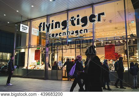 Flying Tiger Copenhagen Store Entrance In The City Center. Warsaw, Poland - October 22, 2021