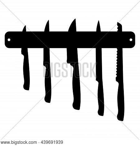 Set Of Knives On Magnetic Holder Isolated On White