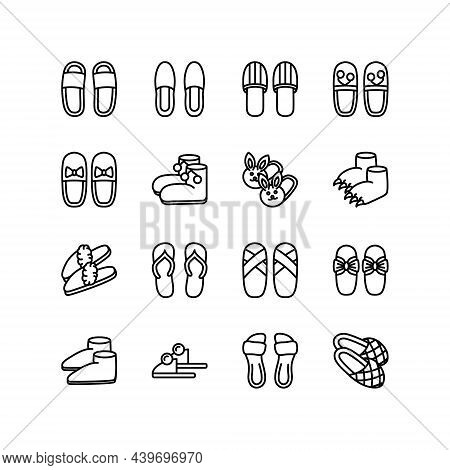 Home Shoes Flat Line Icons Set. Comfortable House Slipper. Mens And Womens Footwear, Children Slippe