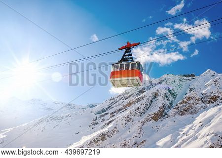 Russia, Azau Polyana, Elbrus Region - January 20, 2019: Cableway Cabin
