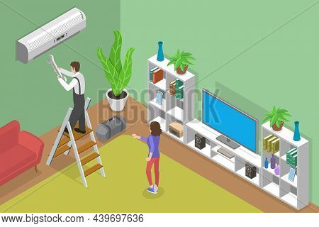 3d Isometric Flat Vector Conceptual Illustration Of Hvac Repair Service, Professional Worker Repairm
