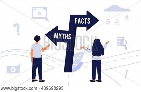 Myths And Facts Information Accuracy In Flat Tiny Persons Concept Businessman And Directional Sign O