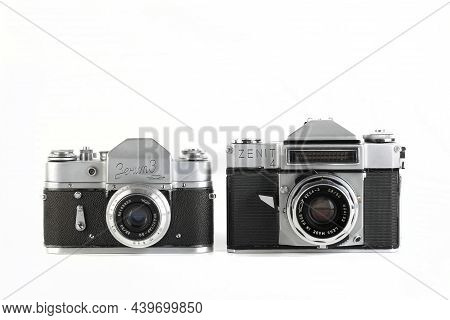Moscow, Russia, November 14, 2021. Very Rare Old Soviet 35 Mm Slr Camera Zenit-4 And Zenit 3, Releas