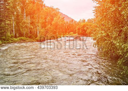 Vacation Landscape. Russian Altai Mountains. Multa Region. Holiday At Home. Staycation Concept. Rive