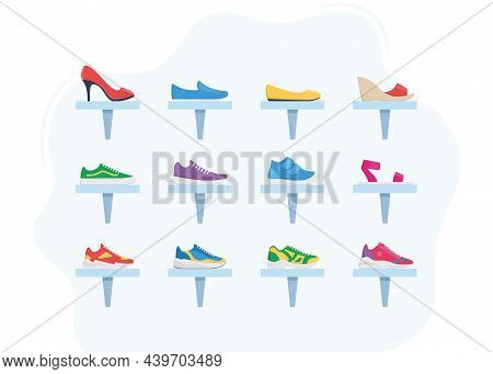 Interior Of A Shoe Store. Shoes On Shelves, Mirror And Seat For Fitting Shoes. Trendy Fashioned Shoe