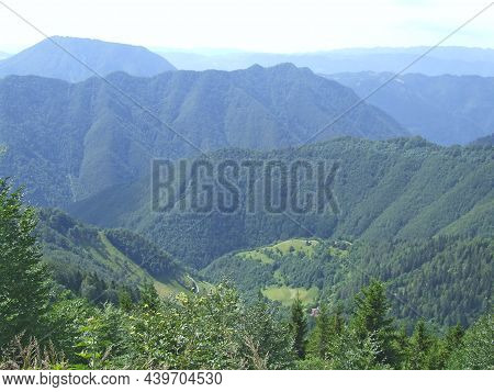 Mountain Landscape. Life In Mountains. Landscape With Mountains Covered With Green Forest. Valley Be