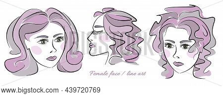 Set Beautiful Multicolor Womans Face With. Line Art Fashion Illustration On White Background. Pink A