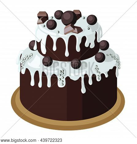Large Brownie Chocolate Cake Garnished With White Ganache, Chocolates And Silver Sugar Balls. Stock 