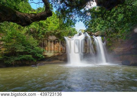 Beautiful Waterfall With Sunlight In Jungle, Haew Suwat Waterfall At Khao Yai Nakhonratchasima Provi