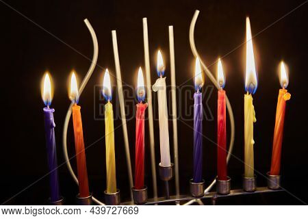 Happy Hanukkah And Hanukkah Sameach - Traditional Jewish Candlestick With Candles On Dark Background