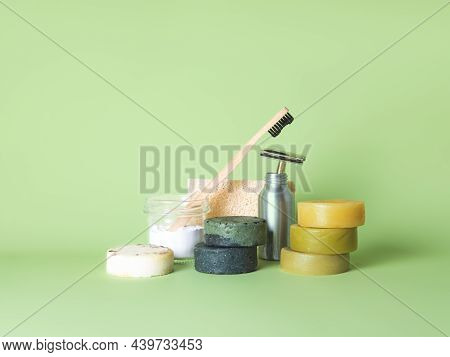 The Bamboo Toothbrush In The Glass With Toothpowder And The Steel Multiple-use Razor, Six Natural Ro