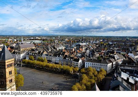 View Over The City Center Of Maastricht, Netherlands With Vrijthof Square And Steeple Of Saint Serva