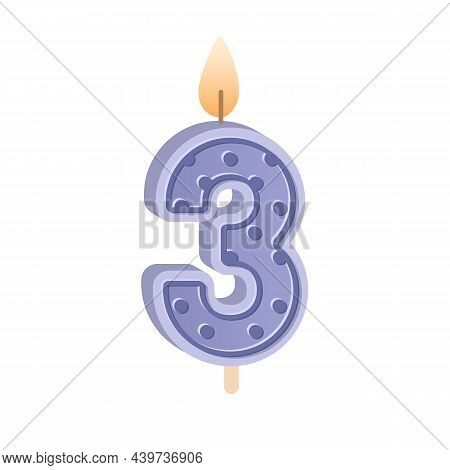 Wax Birthday Candle Of Number 3 Shape For 3d Year Anniversary. Glowing Figure Three Candlelight With