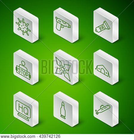 Set Line Submarine, Bullet, Naval Mine, Japanese Ninja Shuriken, Stop War, Pistol Or Gun, Military H