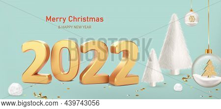 Happy New Year 2022. Numbers 2022 With Fur Balls And White Fur Christmas Trees On Blue Background. T