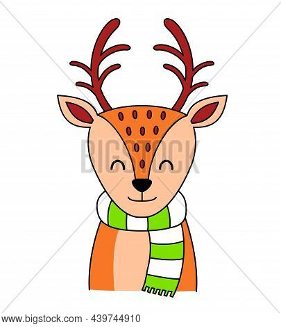 Cute Winter Deer With Scaft. Vector Illustration. Good For T-shirt, Greeting Card, Textile, Invitati