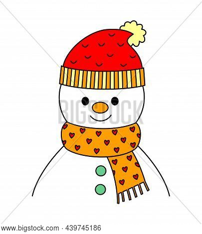 Cute Winter Snowman With Scaft. Vector Illustration. Good For T-shirt, Greeting Card, Textile, Invit