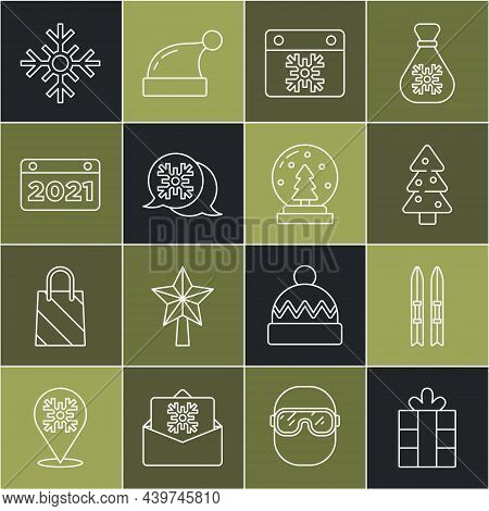 Set Line Gift Box, Ski And Sticks, Christmas Tree, Calendar, Snowflake Speech Bubble, And Snow Globe