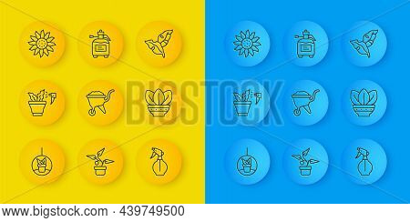 Set Line Plant In Hanging Pot, Spraying Plant, Wheelbarrow With Dirt, Water Spray Bottle, Flower, Tr